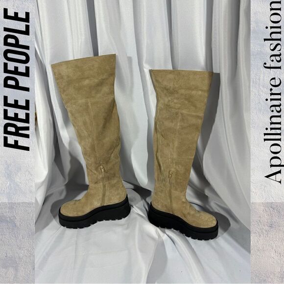 FREE PEOPLE LONDON CALLING SUEDE OVER THE KNEES BOOTS IN STONE SIZE 39 - Picture 3 of 9